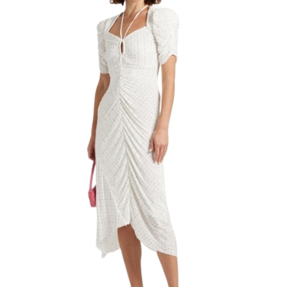 FRAME Ruched Tie-Neck Polka-Dot Midi Dress